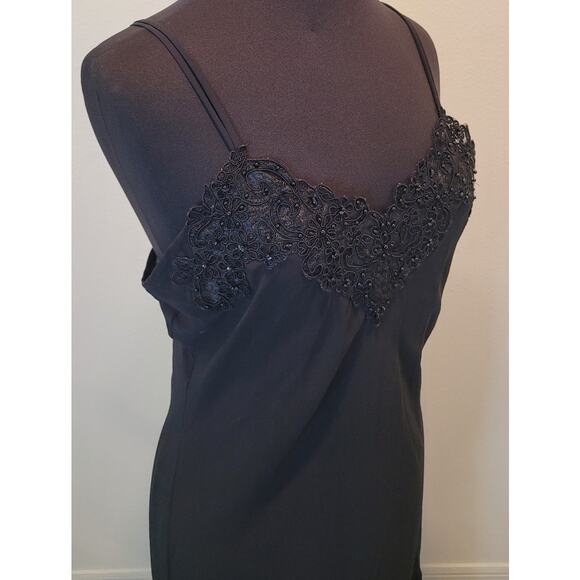 VTG California Dynasty Black Beaded Lace Chiffon Slip Dress L Asymmetrical Hem - Picture 2 of 10